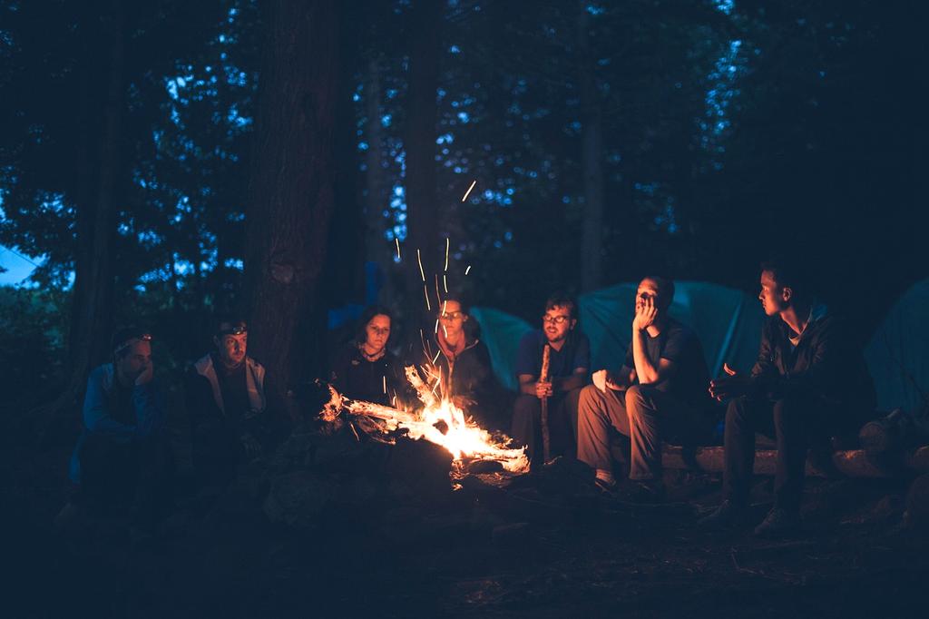 Campfire glowing under a starry night sky