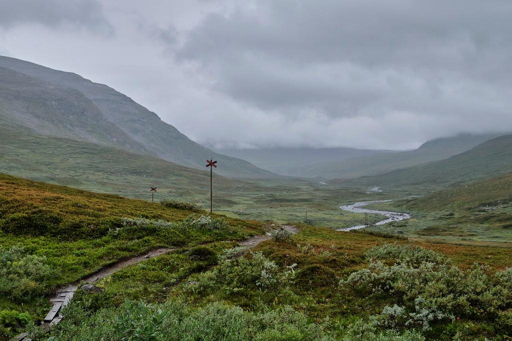 Hiker standing on a peak looking at a vast valley